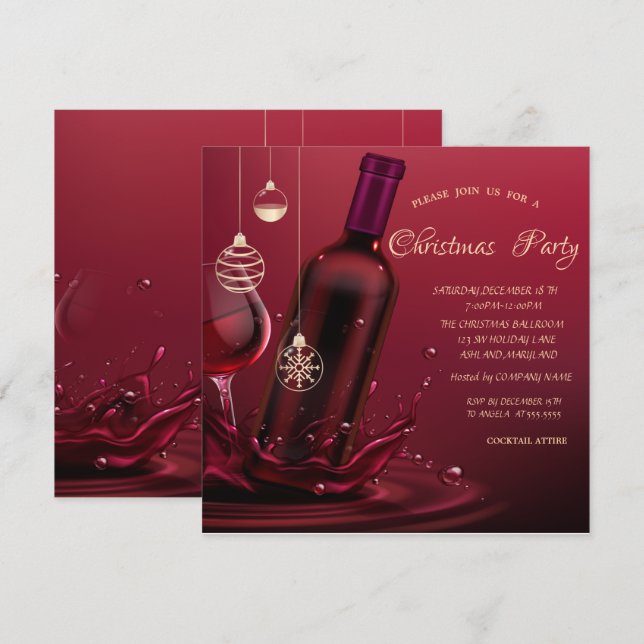 Weinglas, Flasche Weihnachten im Unternehmen Einladung (Vorne/Hinten)
