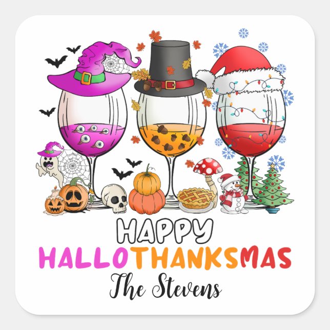 Weinglas Happy Hallowthanksmas T - Shirt Quadratischer Aufkleber (Vorderseite)
