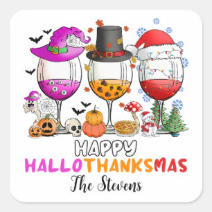 Weinglas Happy Hallowthanksmas T - Shirt Quadratischer Aufkleber