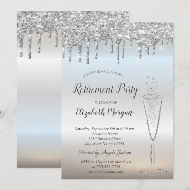 Weinglas Silver Glitzer Bokeh Dropdown-Abonnement Einladung (Vorne/Hinten)