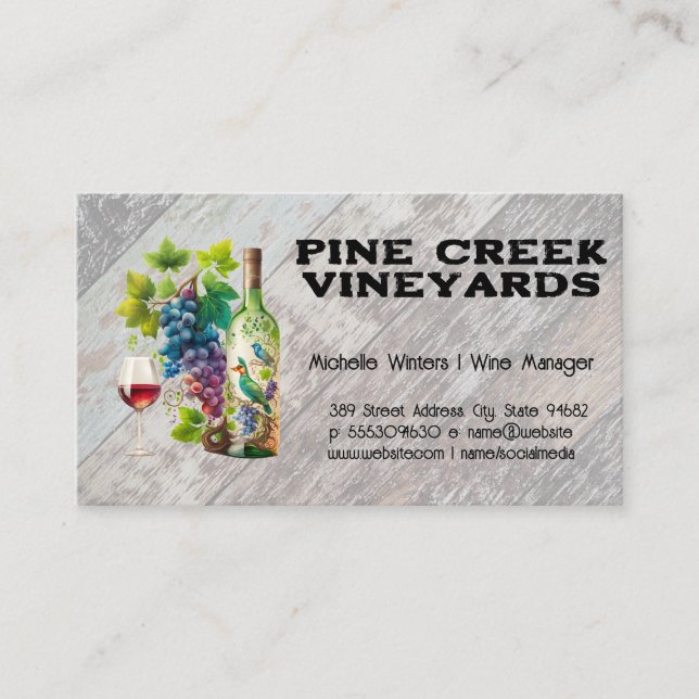 Weinglas und Flasche | Weinkeller | Rustikales Hol Visitenkarte (Vorderseite)