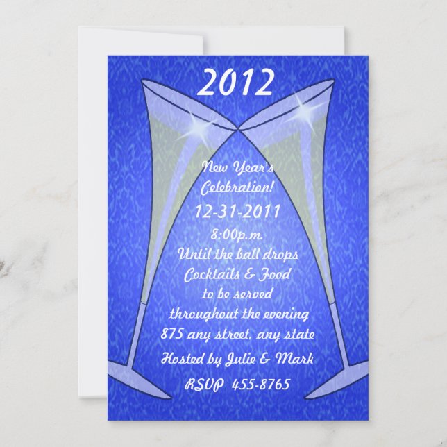 Weingläser auf blauem Neujahrsvortrag Einladung (Vorderseite)