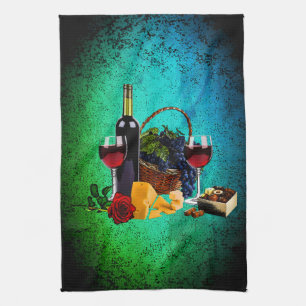 Weingläser, Flaschen, Weintrauben, Käse, Pralinen Geschirrtuch
