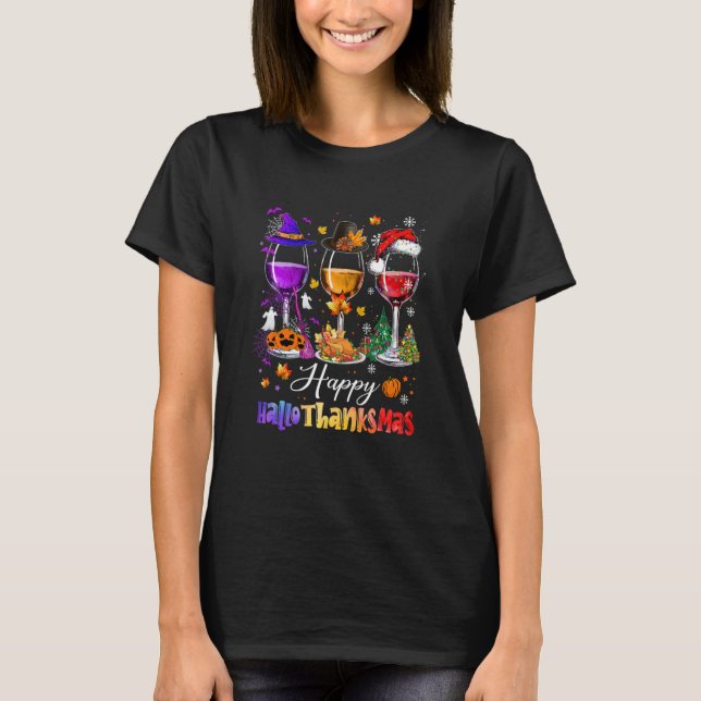Weingläser Halloween Frohe Weihnachten Frohes Hall T-Shirt (Vorderseite)