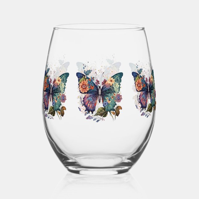 Weingläser mit Retro-Schmetterlingen & Blume Weinglas Ohne Stiel (Vorderseite)