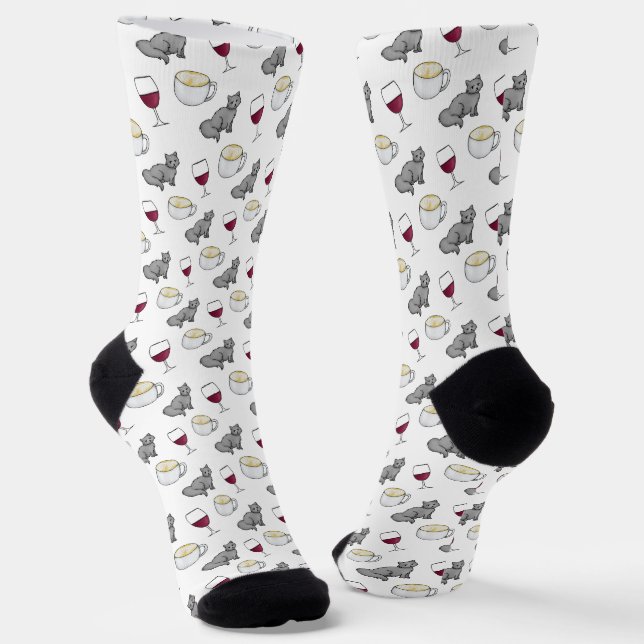 Weinkaffee und Katzen Niedlicher Cartoon Neuheit Socken (Gewinkelt)