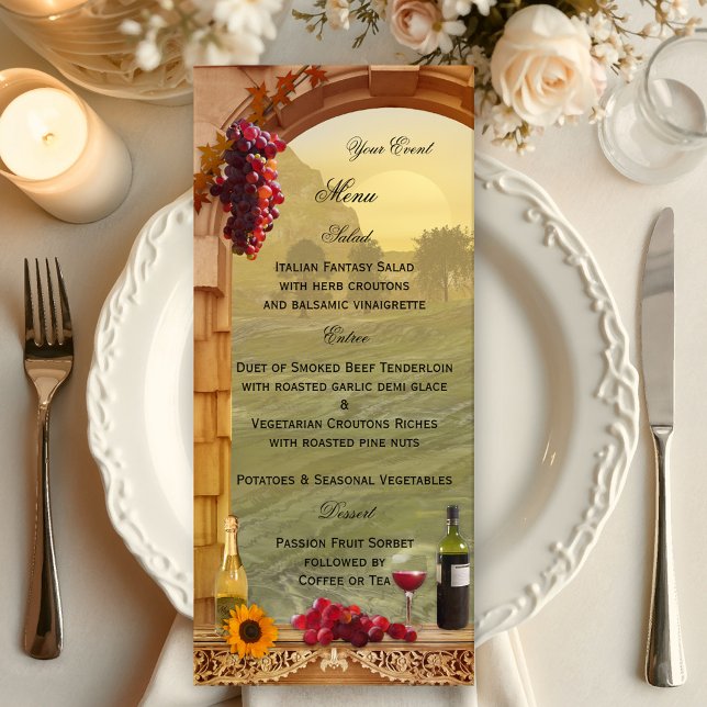Weinkarte oder Karte des Themenbereichs Wein (Wedding menu card in vintage Italian style with a winery or vineyard theme)