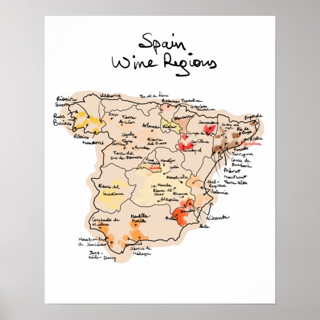 Weinkarte Spaniens Poster (Vorne)