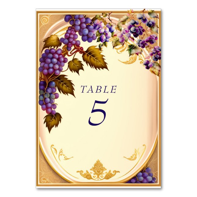 Weinkellerei Hochzeit Traube VIne Gold Filigree Tischnummer (Vorderseite)