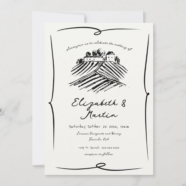 Weinkellerei mit handgezogener Hand Hochzeit Einladung (Vorderseite)