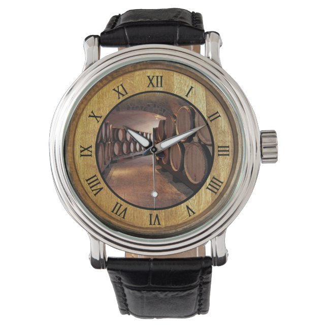 Weinkellerwache 01 ~ Hintergrund Weinbarrel Armbanduhr (Vorderseite)