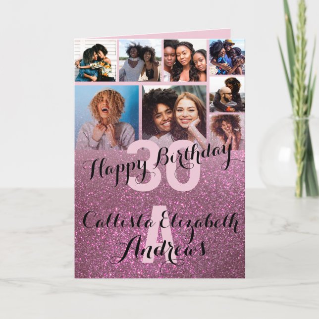 Weinrosa Glitzer Foto Collage Happy Birthday Karte (Vorderseite)