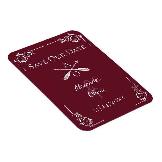 Weinrote Monogramm und Pfeile Save the Date Magnet (Rechte Seite)