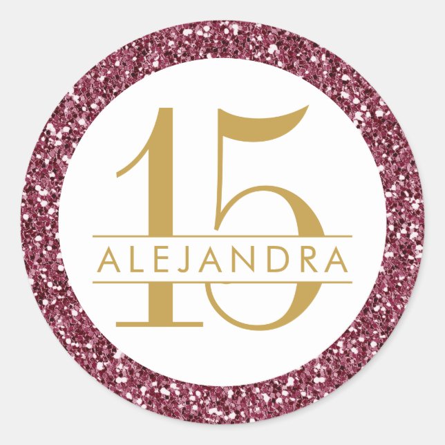 Weinroter Glitzer Sticker-Label "Quince Años" Runder Aufkleber (Vorderseite)