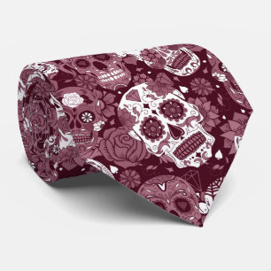 Weinrotes Zuckerschädel-Blumen-Ornamentmuster Krawatte