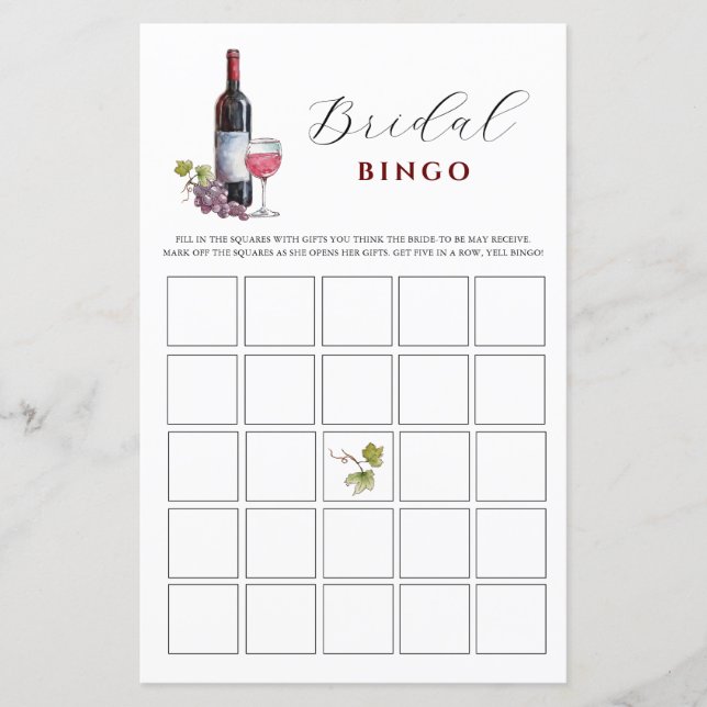 Weinthema Bridal Bingo Duschspiele (Vorderseite)