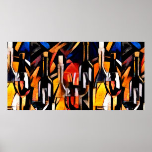 Weinthemen im Stil des Kubismus. Flaschen, Glas Poster