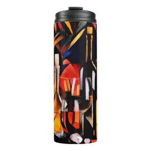 Weinthemen im Stil des Kubismus. Flaschen, Glas Thermosbecher
