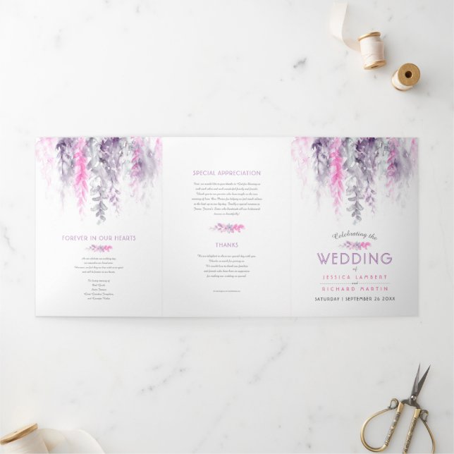 Weintrauben indigo lila Hochzeit in Rosa Dreifach-gefaltete Programmkarte (Außenbereich)