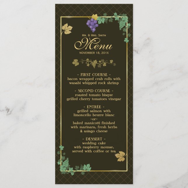 Weintrauben mit Gold Frame Wedding Menu Card Menükarte (Vorderseite)