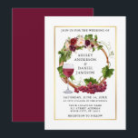 Weintrauben Weintrauben Blumenstrauß Hochzeit Gold Einladung<br><div class="desc">Moderne elegante Watercolor Trauben und Weine Holzreath Wedding Einladung umfasst burgundische Rose,  rosa Rosen,  rote Rosen und botanische Vegetation. Gold Rahmen,  Burgundy Back.</div>
