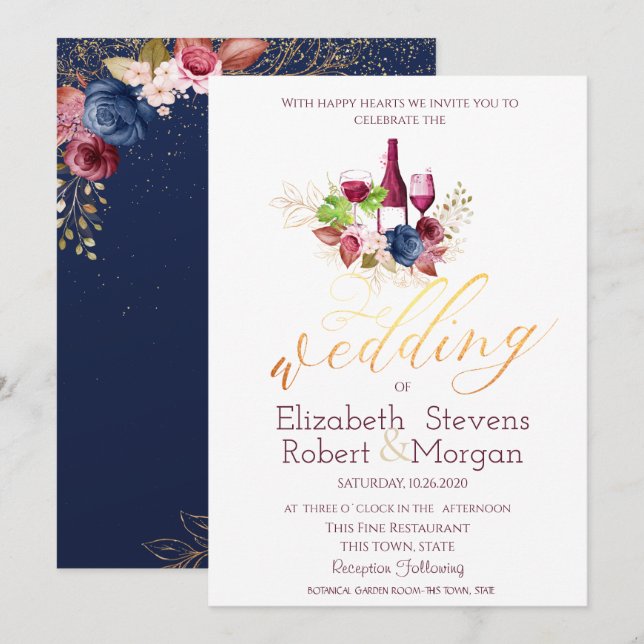 Weinverkostung Burgund Blume Navy Blue Wedding Einladung (Vorne/Hinten)