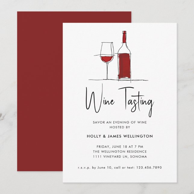 Weinverkostung Moderne Linie Zeichnend Rotes Vino Einladung (Vorne/Hinten)
