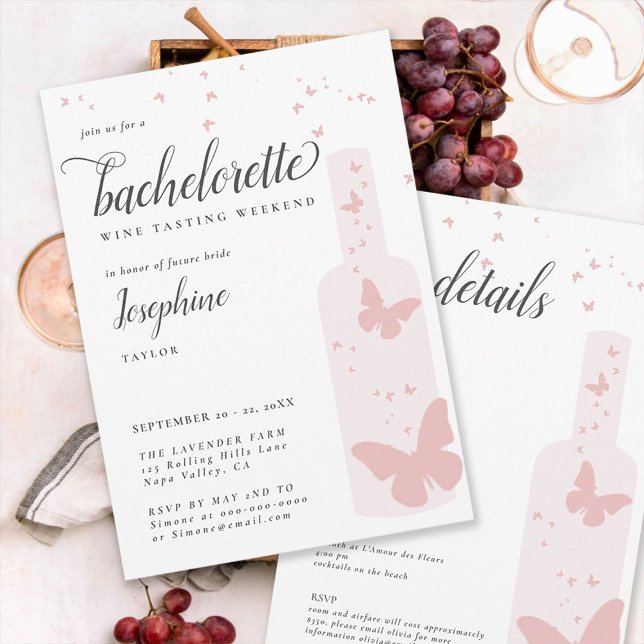 Weinverkostung Romantischer Junggeselinnen-Abschie Einladung (wine tasting bachelorette weekend itinerary invitation pink bottle butterflies elegant simple classy)