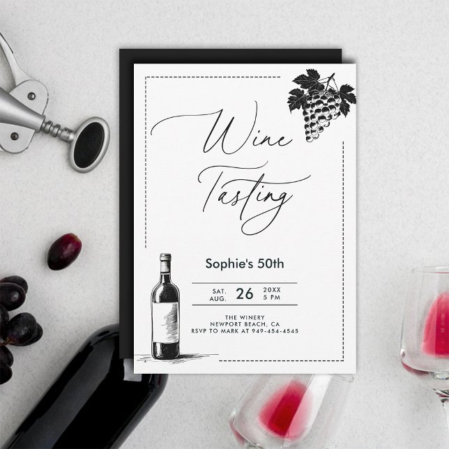 Weinverkostung Weinkeller Moderne einfache BW 50.  Einladung (wine tasting party 50th birthday invitations for women winery trip modern minimalist elegant chic)