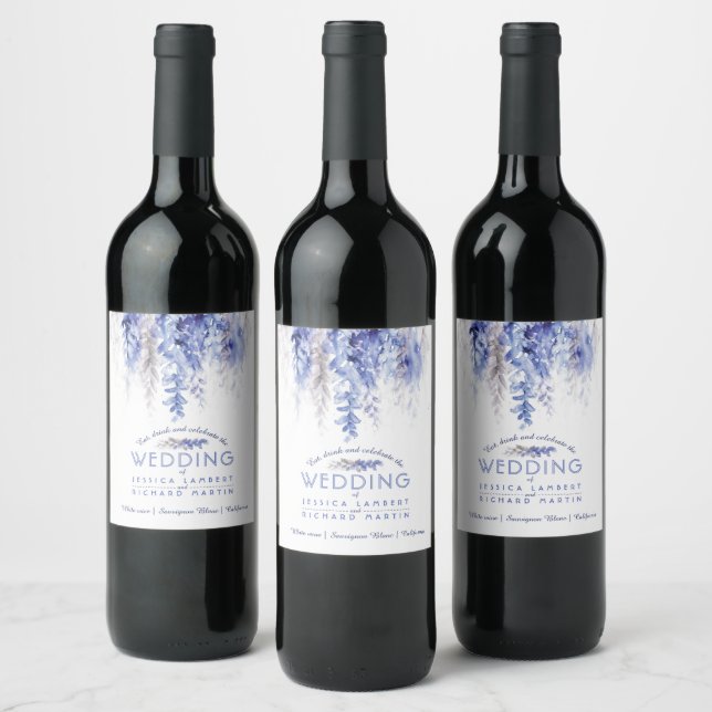 Weinwasserfarbe dunkelblau-graue weiße Hochzeit Weinetikett (Flaschen)