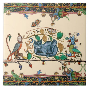 WEIRD MEDIEVAL BESTIARY HUNTER CAT, BIRD, FALCON FLIESE