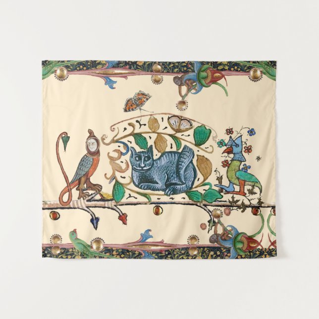 WEIRD MEDIEVAL BESTIARY HUNTER CAT, BIRD, FALCON WANDTEPPICH (Vorderseite (Horizontal))