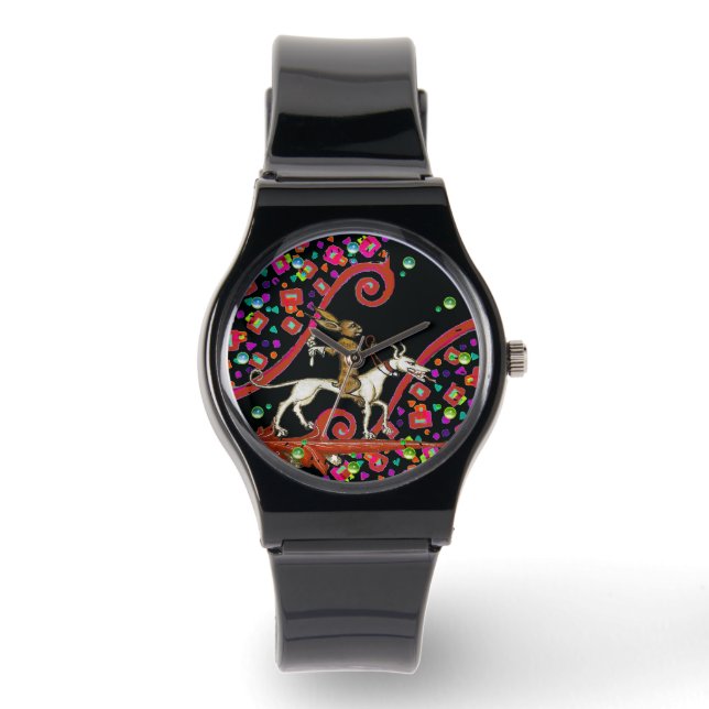 WEIRD MEDIEVAL BESTIARY Rabbit Reiten eines weißen Armbanduhr (Vorderseite)