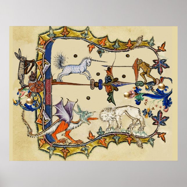 WEIRD MEDIEVAL BESTIARY ,UNICORN FIGHTING MONKEY POSTER (Vorne)