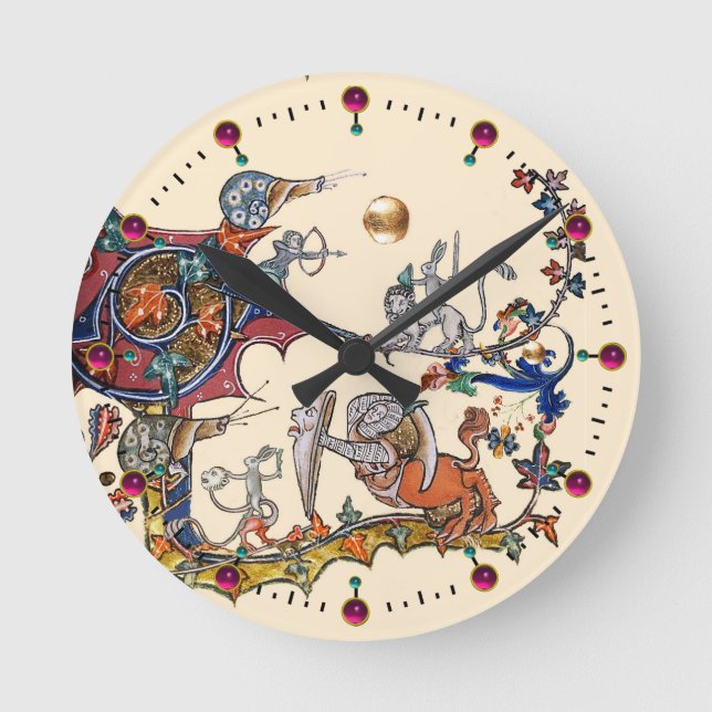 WEIRD MEDIEVAL BESTIARY WAR Snails ,Killer Rabbit Runde Wanduhr (Vorderseite)
