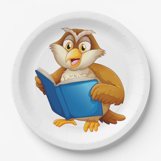 Weise Eule liest Buch Pappteller (Vorderseite)