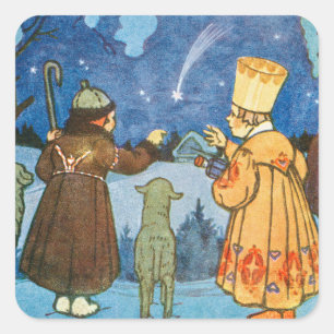 Weise Männer und Schafe in der Weihnachtsnacht im Quadratischer Aufkleber