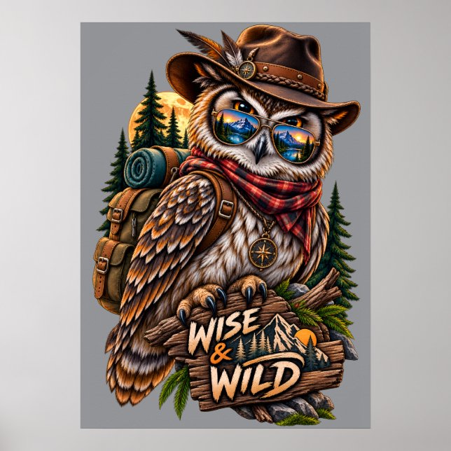 Weiser und wilder Eulen-Wanderer-Rustikal-Outdoor- Poster (Vorne)