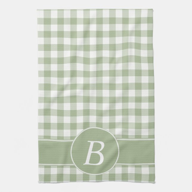 Weises Grün-Gingham-Monogramm-Geschirrtuch Handtuch (Vertikal)