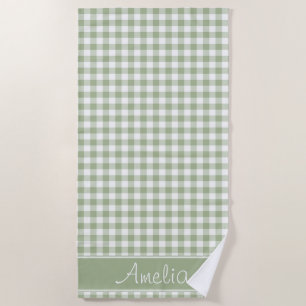 Weises Grün-Gingham-Muster personalisiert Strandtuch
