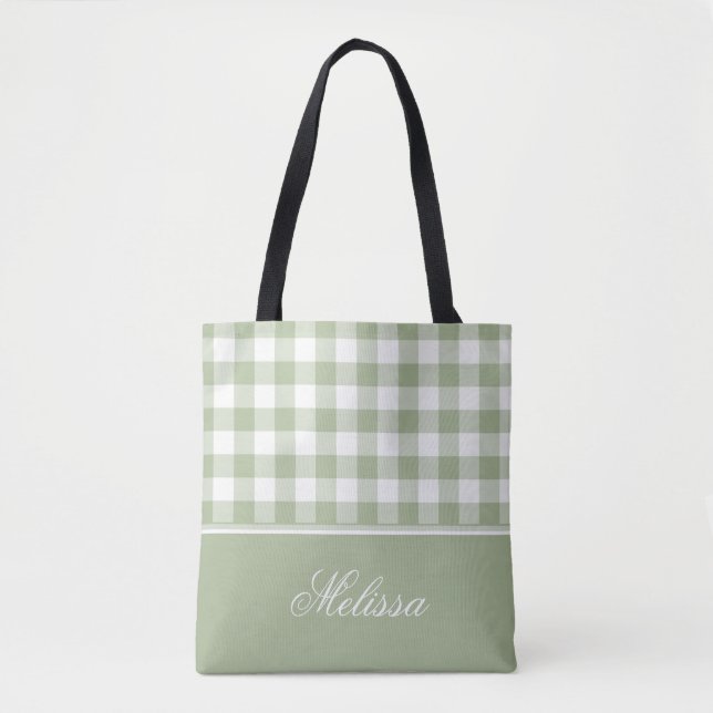 Weises Grün-Gingham | personalisiert Tasche (Vorderseite)