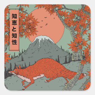 Weisheit und Intelligenz Vintage japanische Fuchs- Quadratischer Aufkleber
