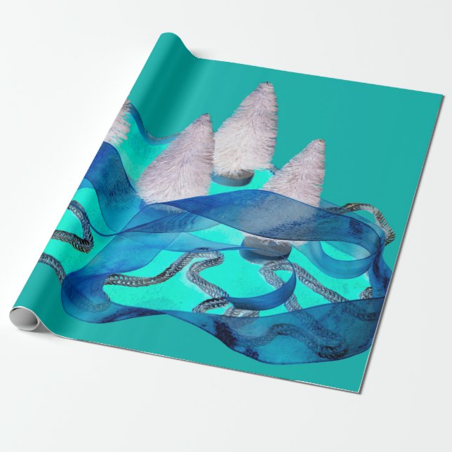 Weiß an blauen Weihnachtsbäumen elegant Geschenkpapier (Ungerollt)