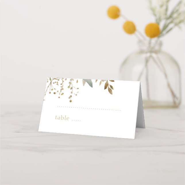 Weiß | Aquarellfarben-Imitation Gold-Foliage-Hochz Platzkarte (Vorderseite)