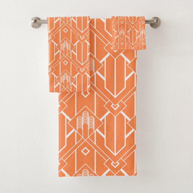 Weiß Art Deco Muster 3 auf orangefarbenem Hintergr Badhandtuch Set (Insitu)