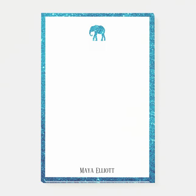 Weiß auf Aquamarinen Imitaten Glitzer Elephant & B Post-it Klebezettel (Vorderseite)