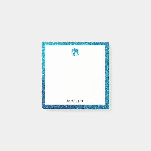 Weiß auf Aquamarinen Imitaten Glitzer Elephant & B Post-it Klebezettel (Vorderseite)
