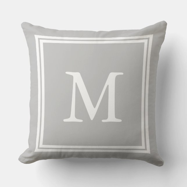 Weiß auf Aschen-Grau-doppelter Rahmen-Monogramm Kissen (Vorderseite)