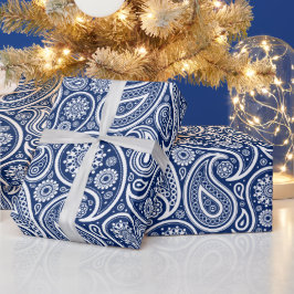 Weiß auf blauem Vintagem Paisley-Muster Geschenkpapier