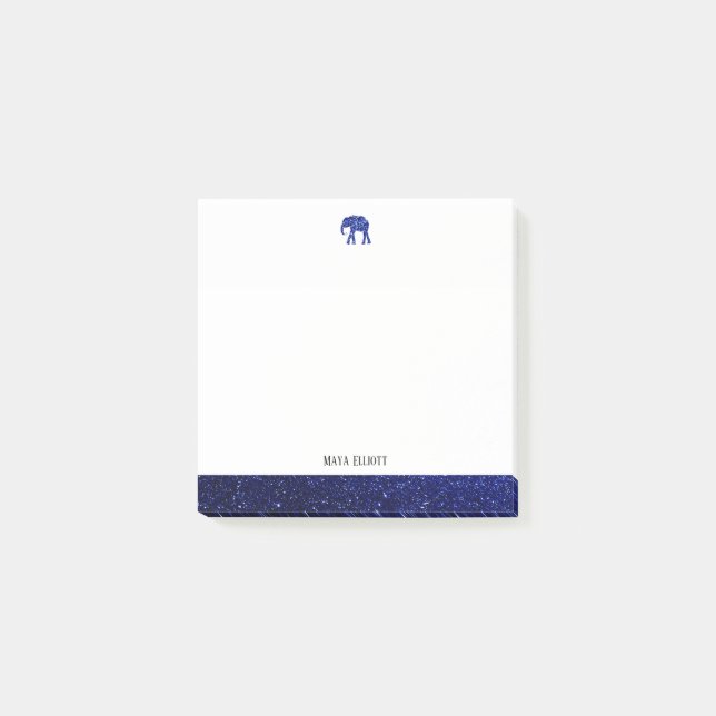 Weiß auf Blue Imitats Glitzer Elephant & Border, N Post-it Klebezettel (Vorderseite)